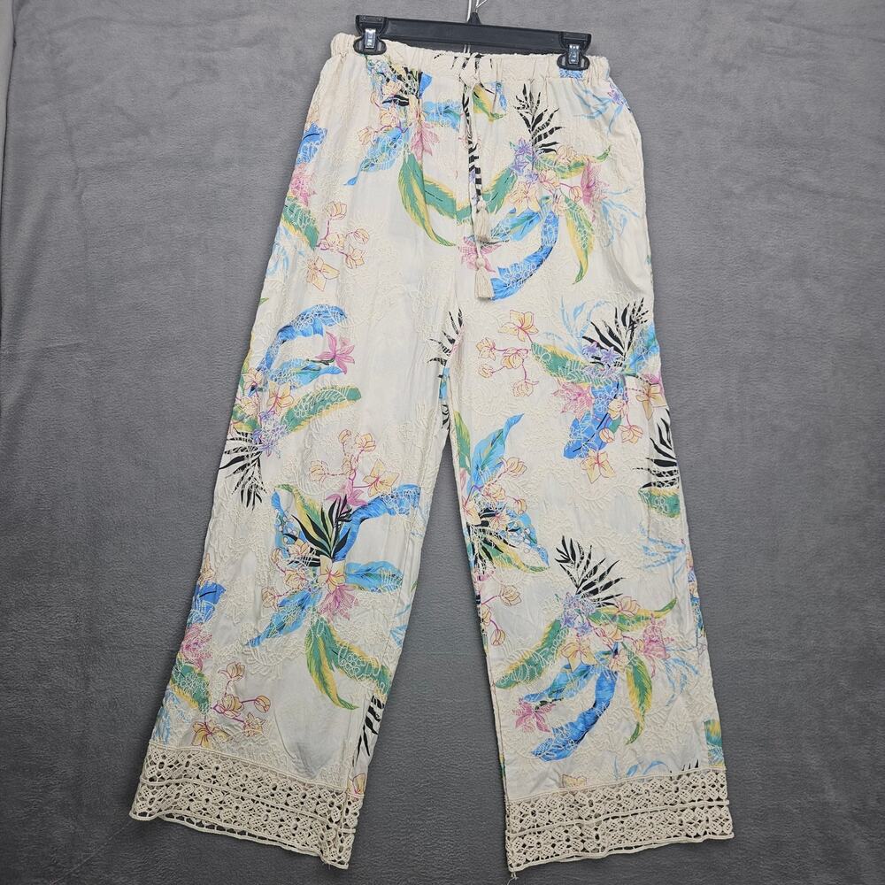 Spiaggia Dolce Tropical Lace Trim Wide Leg Beach Pants Boho Resort Size Medium
